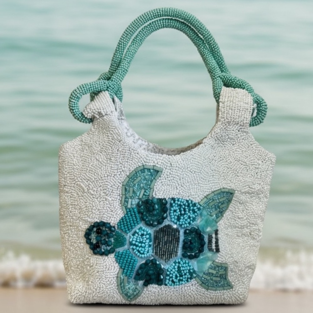 Beaded Sea Turtle Tote in Aqua and White - Women's Beach Bag